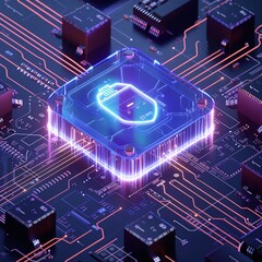 Futuristic microchip on an illuminated circuit board represents advanced technology and innovation in electronics.