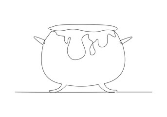 Continuous single line sketch drawing of wizard witch cauldron halloween spooky concept one line vector illustration