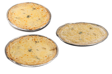 Four cheese pizza isolated on white background.