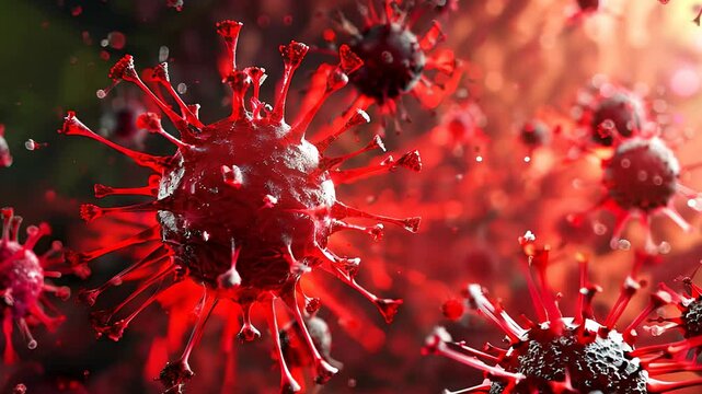 bunch of viruses are floating in the air. The viruses are brown and have a fuzzy appearance, Group of virus cells. 3D illustration, Coronavirus cells