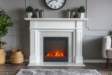 White electric fireplace with LED light and large clock above, minimalist living room with grey wall background.