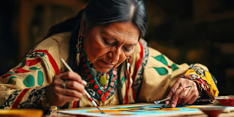 A Native American woman in tribal clothing, painting a traditional design on a canvas.