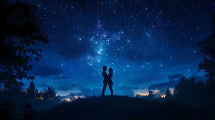 Fototapeta premium Silhouette of a couple gazing at a starry night sky, creating a romantic atmosphere.