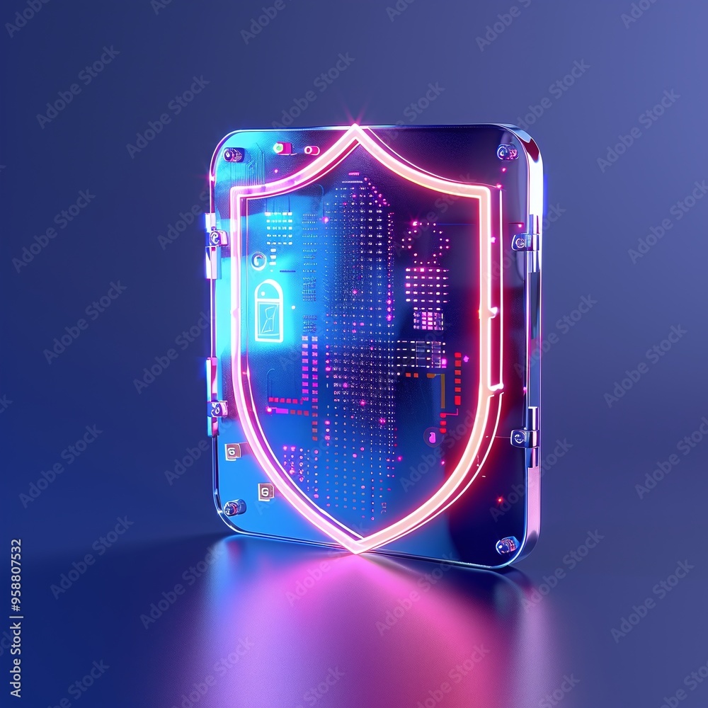 Wall mural Futuristic neon shield with digital security icon, symbolizing cyber protection and data safety on a reflective surface.