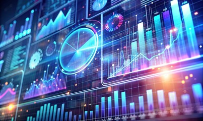 Colorful digital data visualization featuring futuristic glowing charts and graphs displayed on an OLED screen representing financial statistics and analytics technology