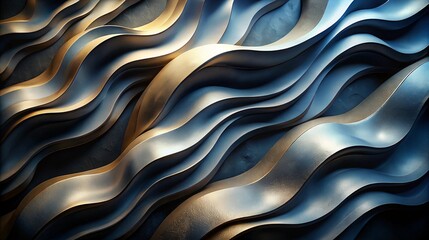 Obraz premium Abstract golden and blue waves flowing dynamically. This image captures light and shadow reflecting a futuristic and elegant design with soft gradients in a fluid pattern