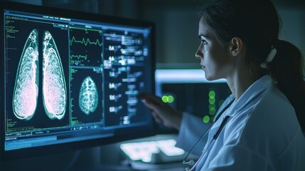 A doctor reviewing breast cancer scan images on a computer monitor.