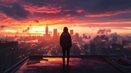 A person stands on a rooftop, gazing at the breathtaking city skyline illuminated by a stunning sunset, surrounded by clouds and vibrant colors reflecting off the buildings