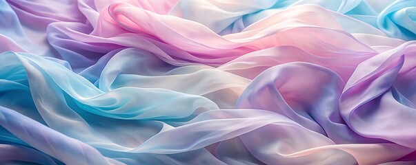Obraz premium An image showing soft pastel colored fabric in a flowing wave pattern. The fabric features a delicate gradient of colors, including pink, blue, and purple, creating a soothing.