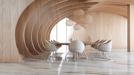 Modern dining room with wood paneling, white chairs, and marble floor.