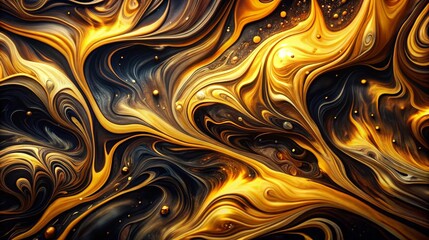Vibrant golden black hues create a mesmerizing fluid dynamic pattern in this abstract digital artwork showcasing intricate swirling designs captivating visual expression