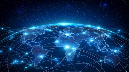 Obraz premium High-Definition Digital Map of the World at Night with Glowing Lines Connecting Major Cities, Representing Global Communication Networks