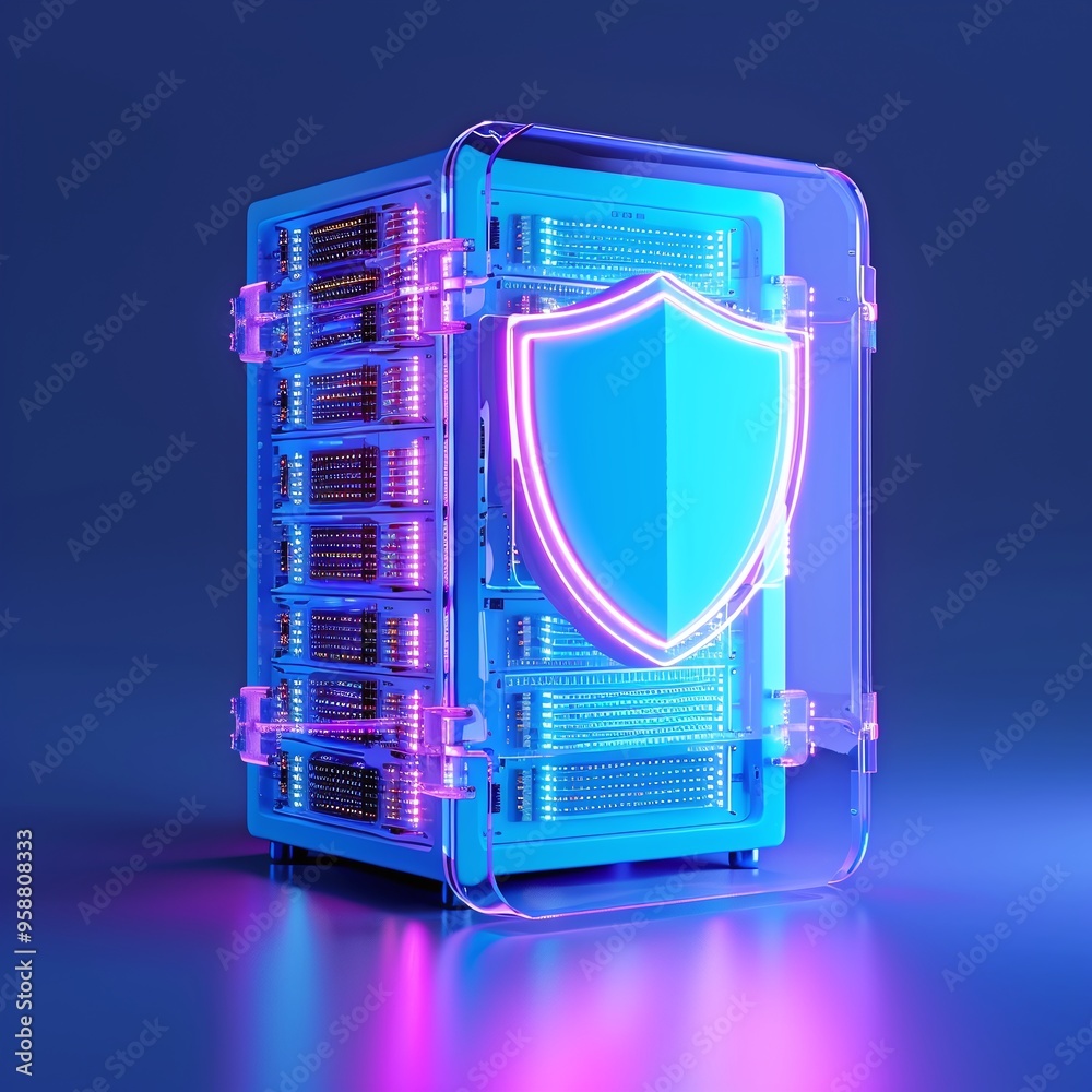 Poster futuristic server stack with neon lights and a security shield representing data protection and cybe