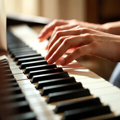 Obraz premium Hands elegantly playing a piano, fingers poised over the keys, with soft lighting and a glossy finish.