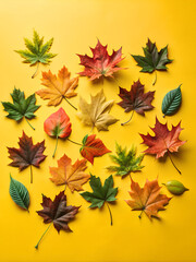 Fototapeta premium Autumn Foliage in Red, Blue, Yellow Tones, Nature Inspired Design, Artistic Pattern for Autumn Themed Creative Projects and Decor