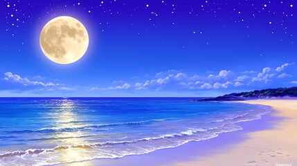 A serene beach scene under a glowing full moon and starry night sky.