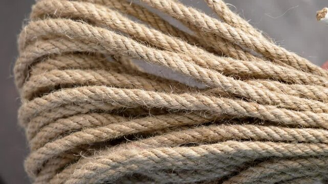 Texture of braided durable eco jute rope close up