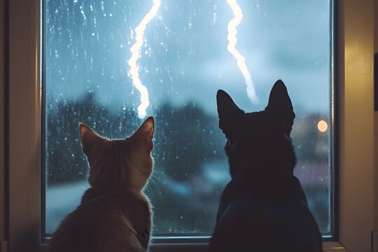 A cat and dog watch a storm outside a window.