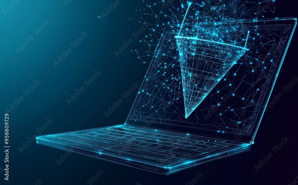 Poster a digital sales funnel on a laptop. a graphic of flowing data on a screen with abstract data filters