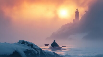 A kayaker boating in shallow rocky sea with lighthouse in a foggy day