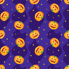 Pumpkins on a dark blue night sky with stars. Seamless Halloween pattern, print, background, vector illustration