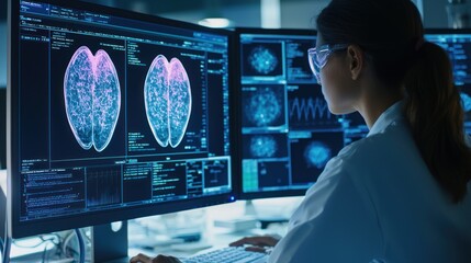 A scientist analyzing breast cancer data on a computer screen.