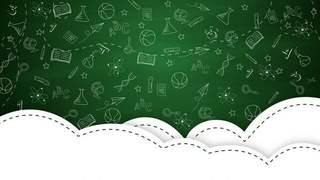Back to School banner with line art icons of education, science objects and office supplies on green animated background and white cloud paper cut. Looped.