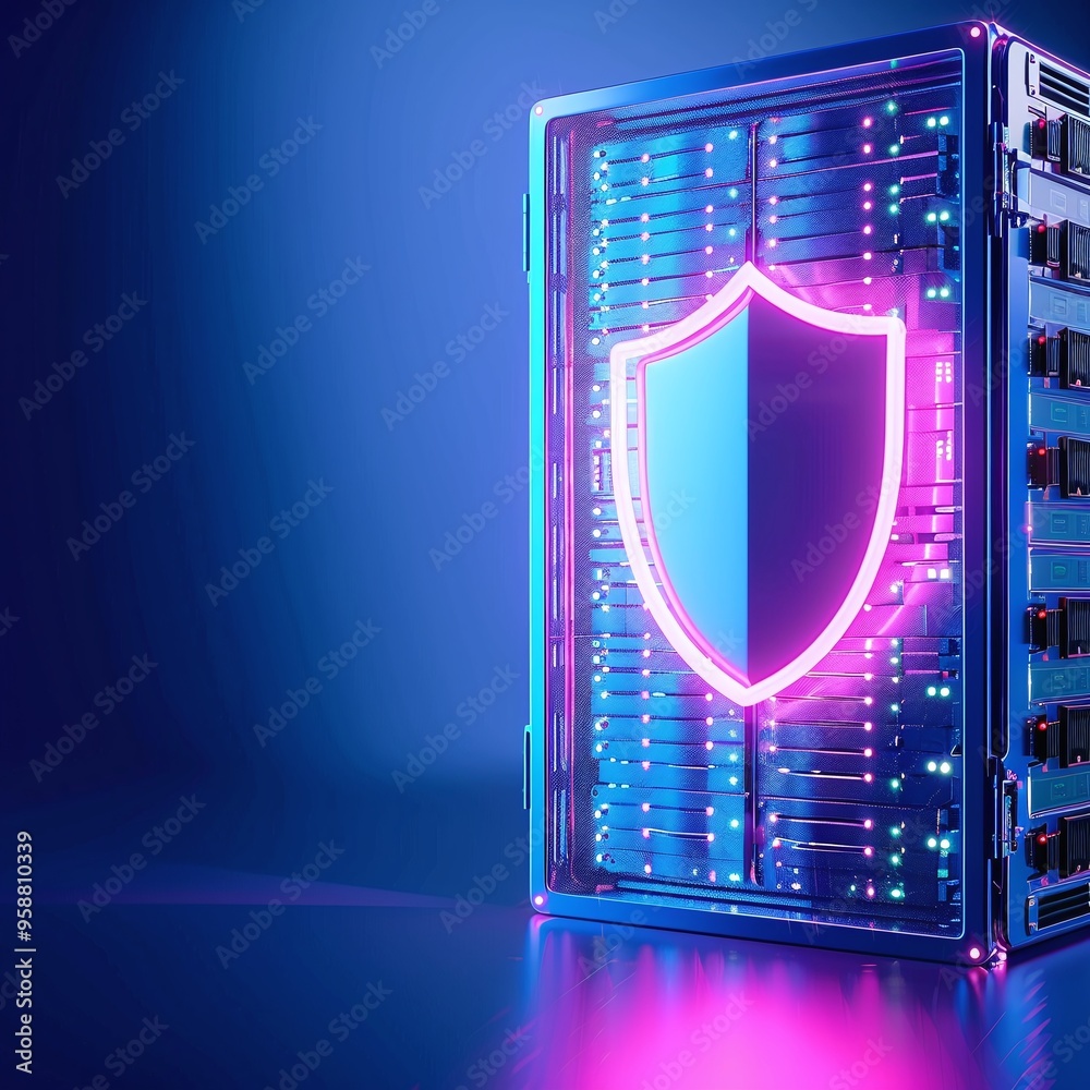 Poster high-tech server with a glowing protective shield symbolizing cybersecurity and data protection in a