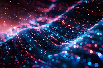 Fototapeta premium A mesmerizing visualization of a pink and purple digital landscape, with points of light connected by thin lines, resembling a data network or energy flow. Perfect for representing digital innovation,