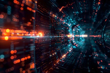 dynamic futuristic digital landscape featuring streams of data, illuminated by vibrant orange and blue lights, suggesting a high-tech environment. Perfect for themes around data flow, digital network