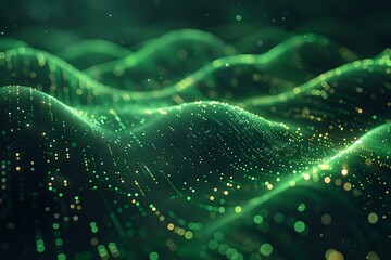 digital landscape of glowing green waves and dots, resembling a futuristic grid or network. This abstract scene evokes concepts of technology, data, and connectivity. Ideal for backgrounds