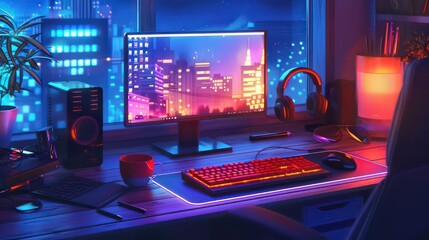 A night cityscape on a computer monitor with a lit keyboard, headphones, and a mug on a desk.