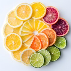 Fototapeta premium A vibrant rainbow of citrus fruit slices arranged in a circle on a white background.