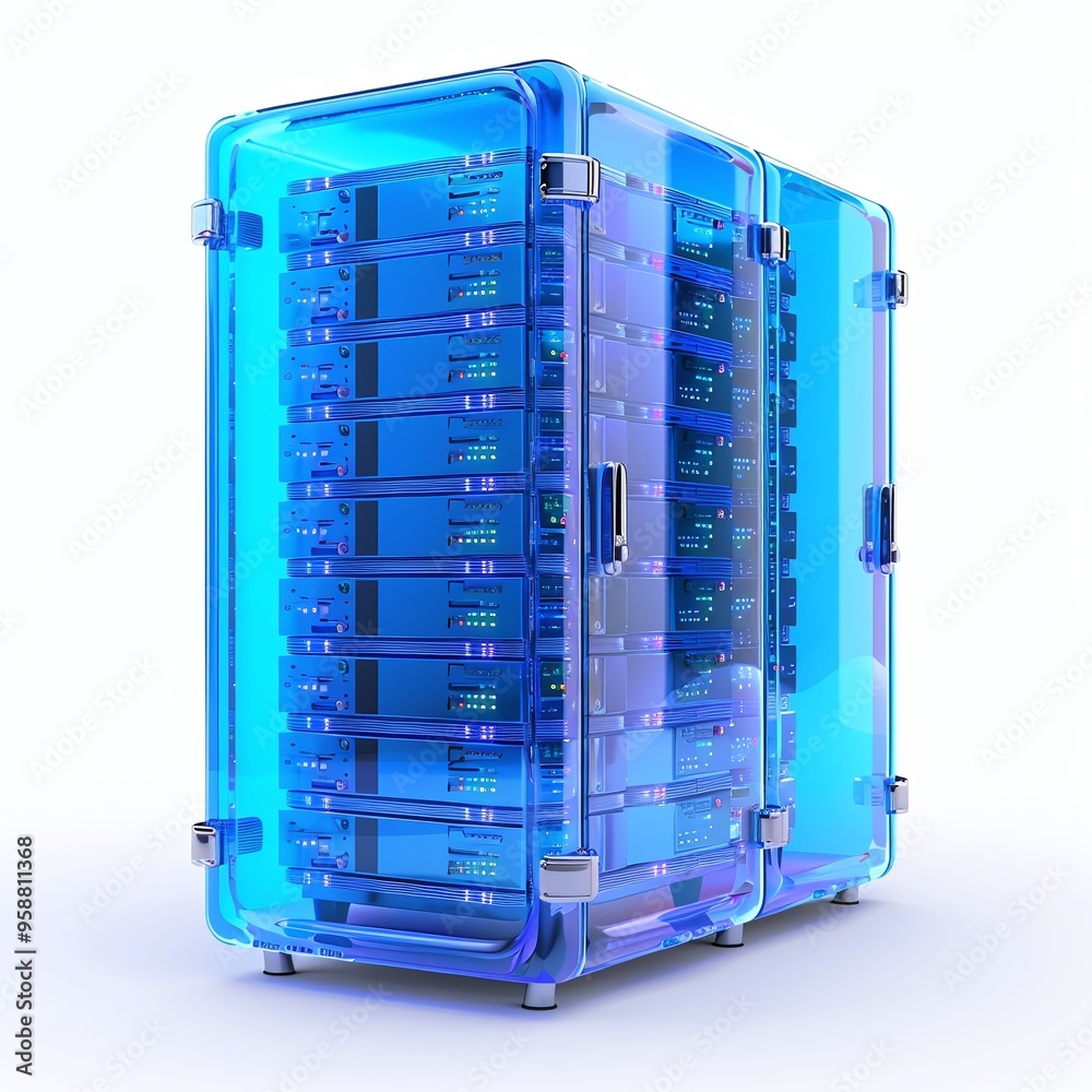 Poster modern data server rack with blue transparent casing, showcasing network hardware and storage for fu