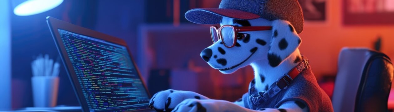 Energetic Dalmatian in a cap and glasses, paws on the keyboard, immersed in coding on a laptop