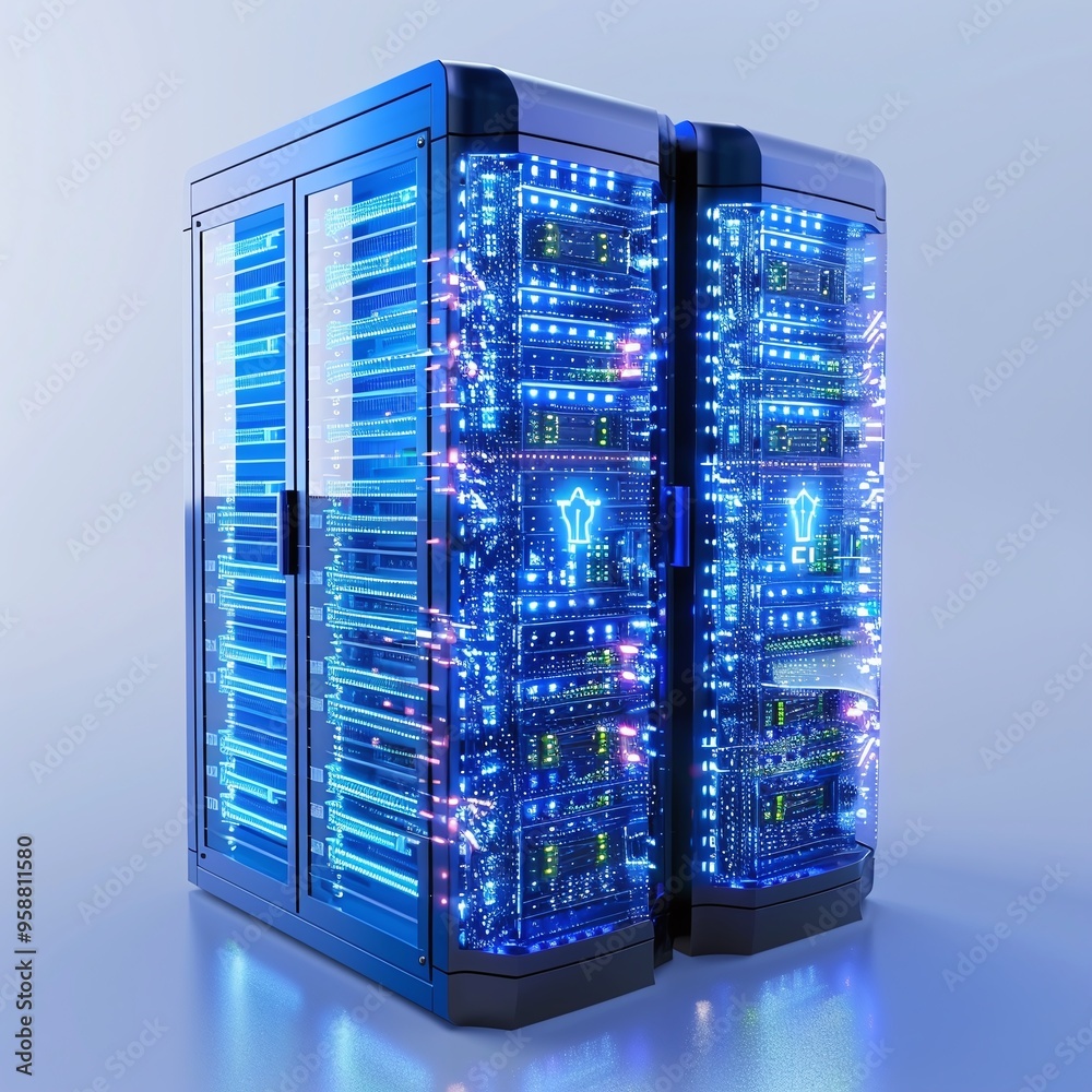 Poster modern data server room with blue led lights and advanced technology for data storage and processing