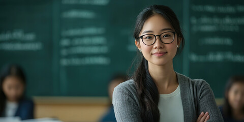 Asian woman, teacher, instructing multicultural classroom.