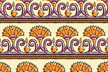 SPRIG FLORAL WITH SEAMLESS BORDER AJRAKH PATTERN AND BLOCK PRINT PATTERN BATIK PRINT BACKGROUND DIGITAL PRINTING TEXTILE PATTERN