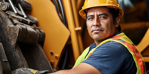 Hispanic man, construction worker, operating heavy machinery.
