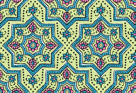 ARABESQUE TILE PATTERN AJRAKH PATTERN AND BLOCK PRINT BATIK PRINT BACKGROUND DIGITAL PRINTING TEXTILE PATTERN