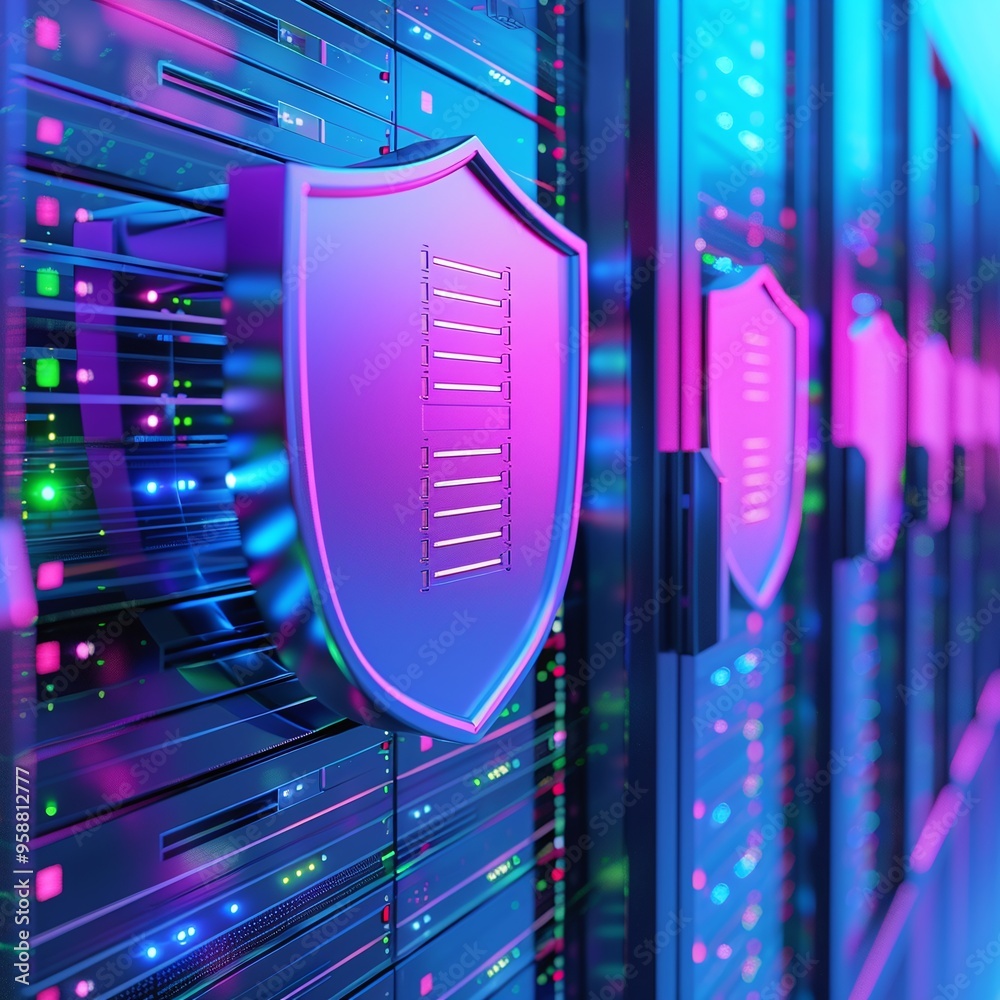 Poster secure data center with glowing lights, showing security shield icons on servers, highlighting data 