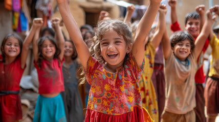 Fototapeta premium Children celebrate victory, dancing,