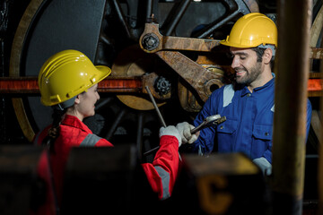 Engineer checking construction process railway and checking work on railroad station . Railway...
