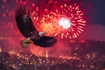 Fototapeta premium A majestic bald eagle soars through the night sky, silhouetted against a vibrant display of fireworks.