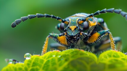 Fototapeta premium A close-up of a vibrant green and yellow beetle with long antennae perched on a leaf with dew drops.