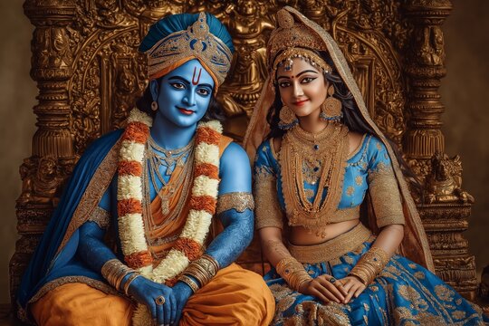 Prince Rama and Princess Sita in royal robes sit side by side on a throne in Ayodhya