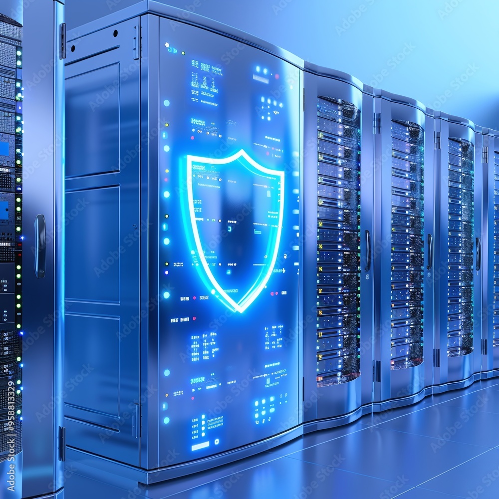 Poster secure data servers with glowing blue shield icon representing cybersecurity and data protection in 