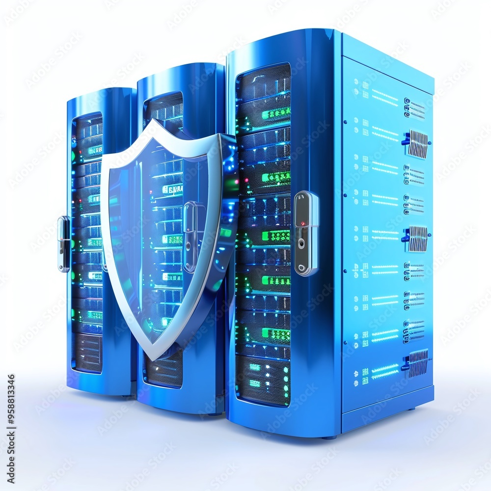Poster secure data servers with blue lighting and a protective shield, representing cybersecurity and data 