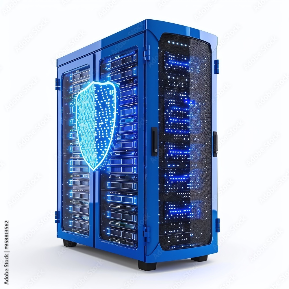 Poster secure server rack with digital shield representing data protection and cybersecurity in a modern da