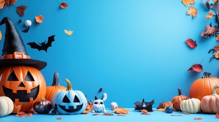Halloween pumpkins and ghost decorations on blue backdrop